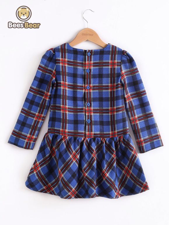 Design Bouton de manches longues Mini-robe Plaid - Bleu CHILD-10