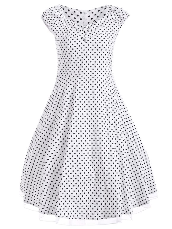 Polka Dot Vintage Imprimer boutonnée Robe trapèze - Blanc 2XL