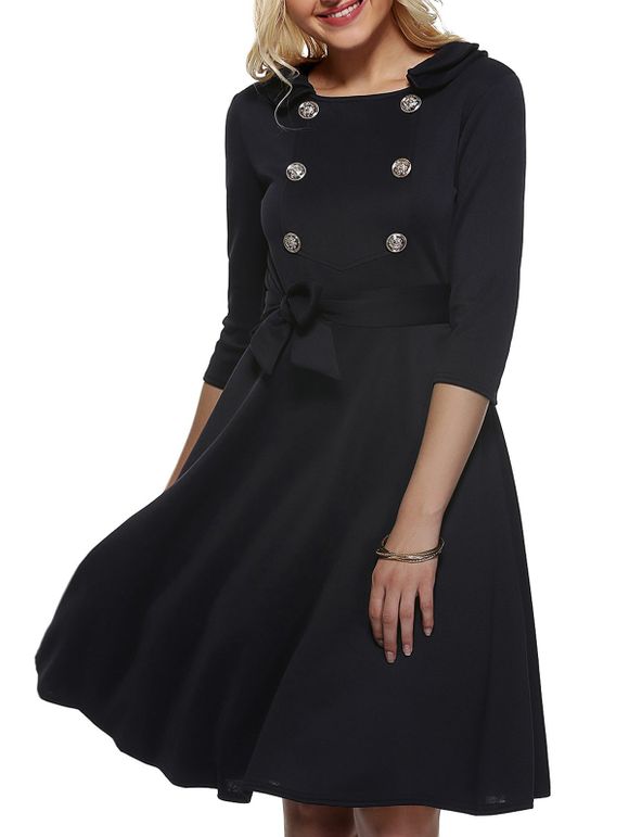 Vintage demi-manches Belted boutonnée Robe trapèze - Noir L