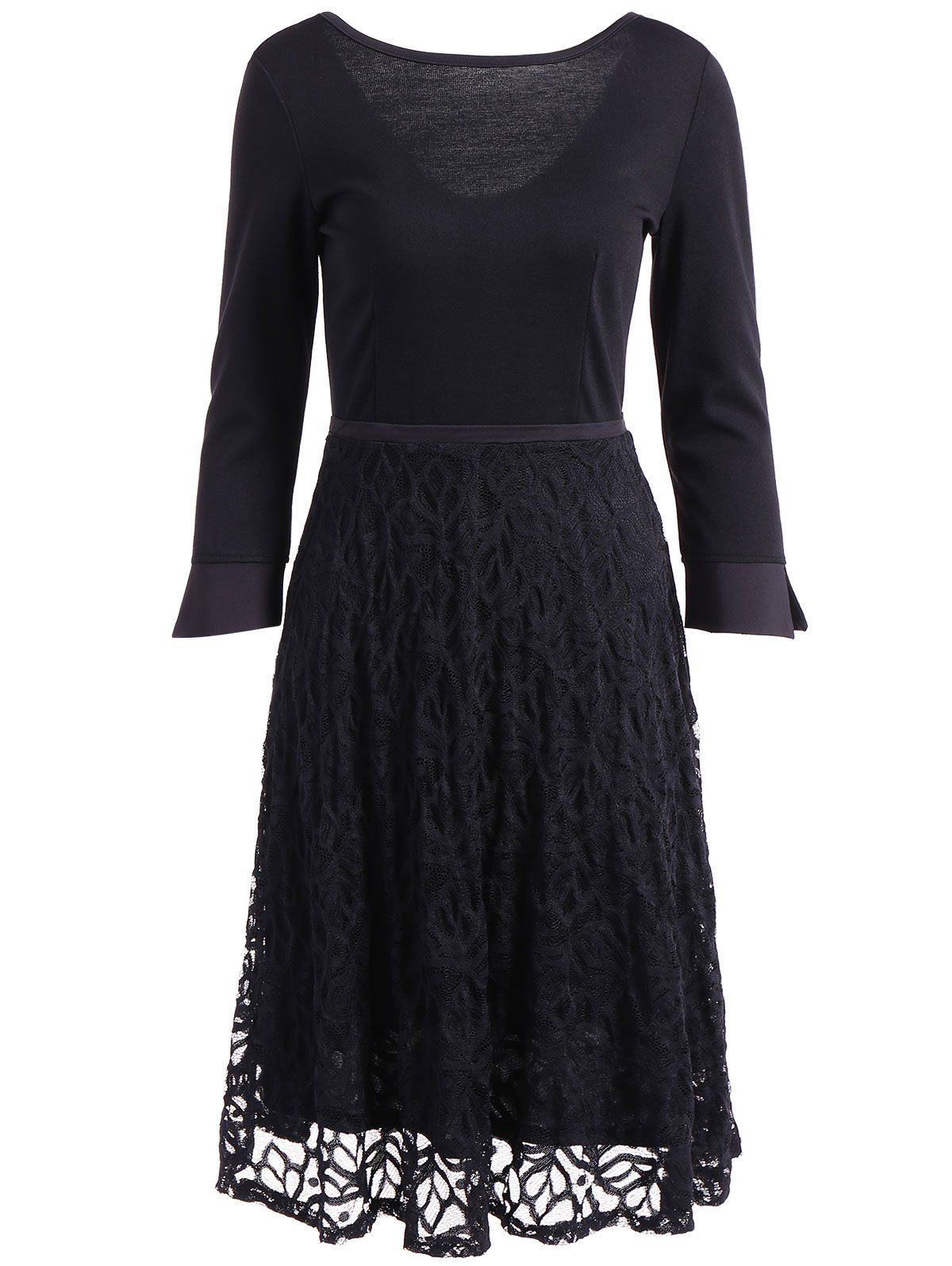 

3/4 Sleeve Lace Spliced Flare Dress, Black