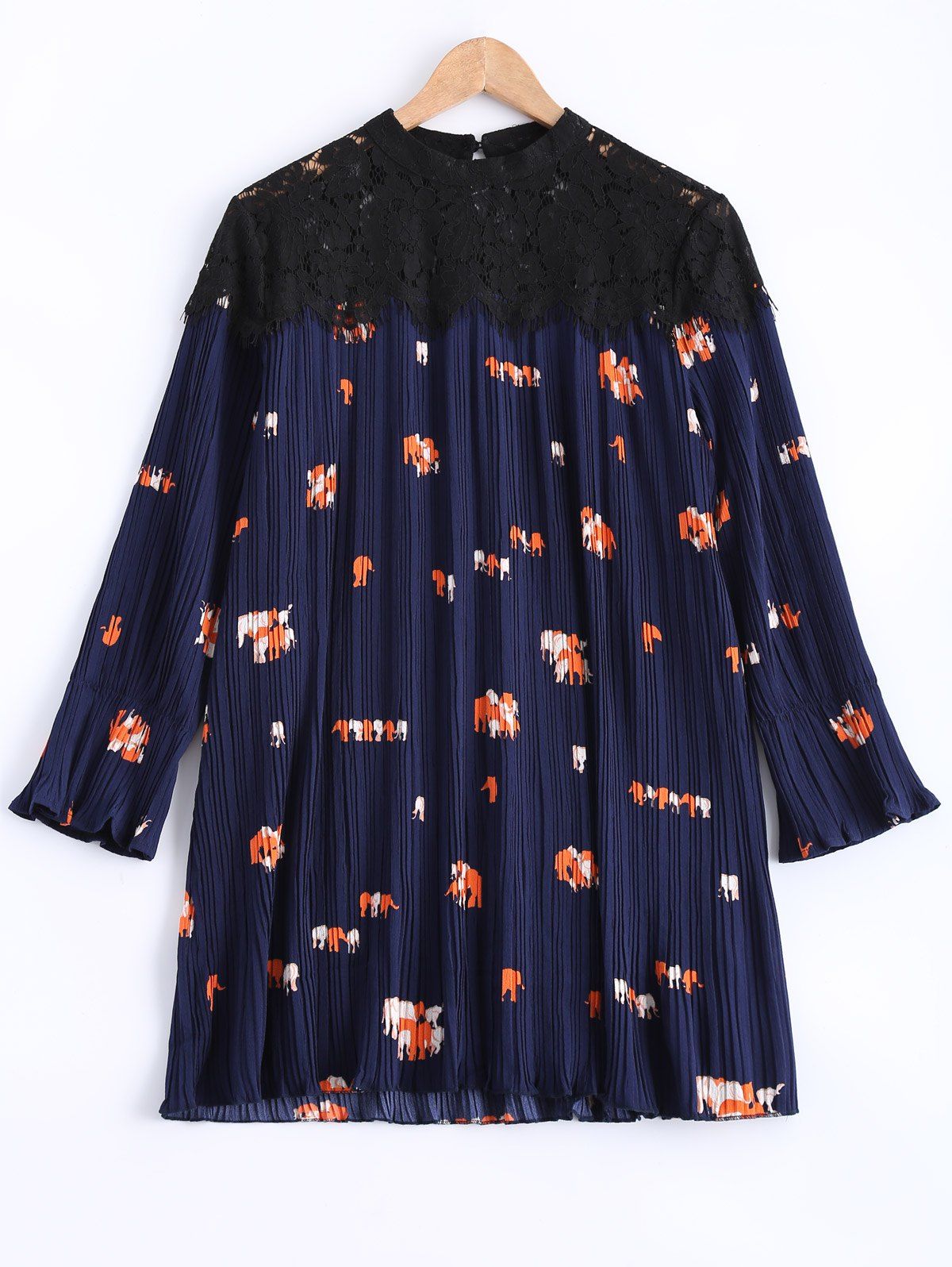 

Pleated Lace Spliced Printed Dress, Navy blue