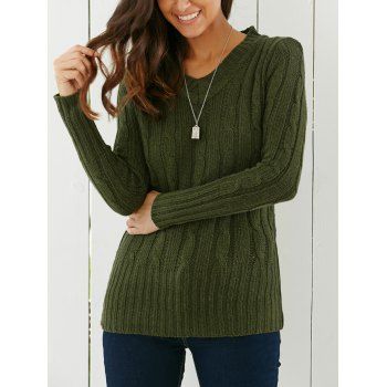 

V Neck Cable Knit Longline Sweater, Green