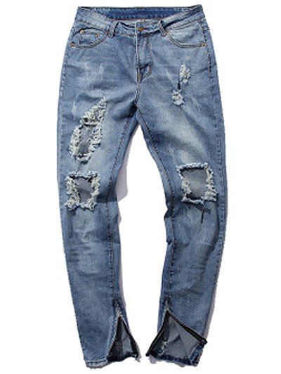 Narrow Feet Zipper Cuff Five-Pocket Ripped Jeans - Bleu 32