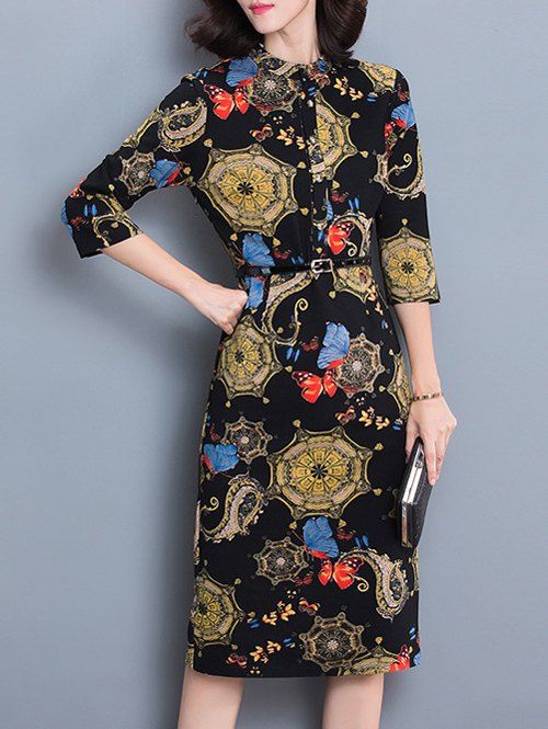 3/4 Sleeve Ornate Print Slimming Dress - BLACK 2XL