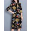 3/4 Sleeve Ornate Print Slimming Dress - BLACK 2XL