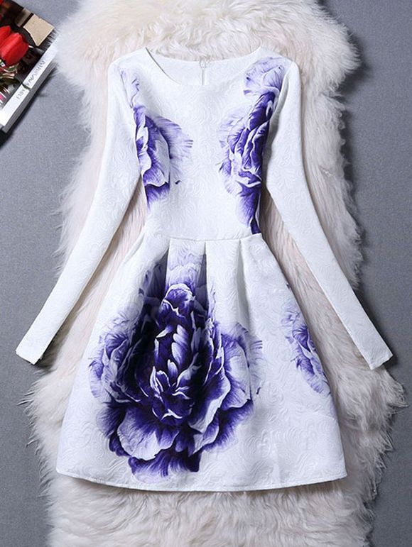 Robe à manches longues Jacquard Floral A Line - Blanc S