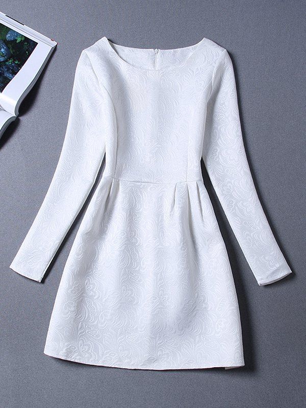 

Long Sleeves Jacquard Cocktail Short Skater Dress, White