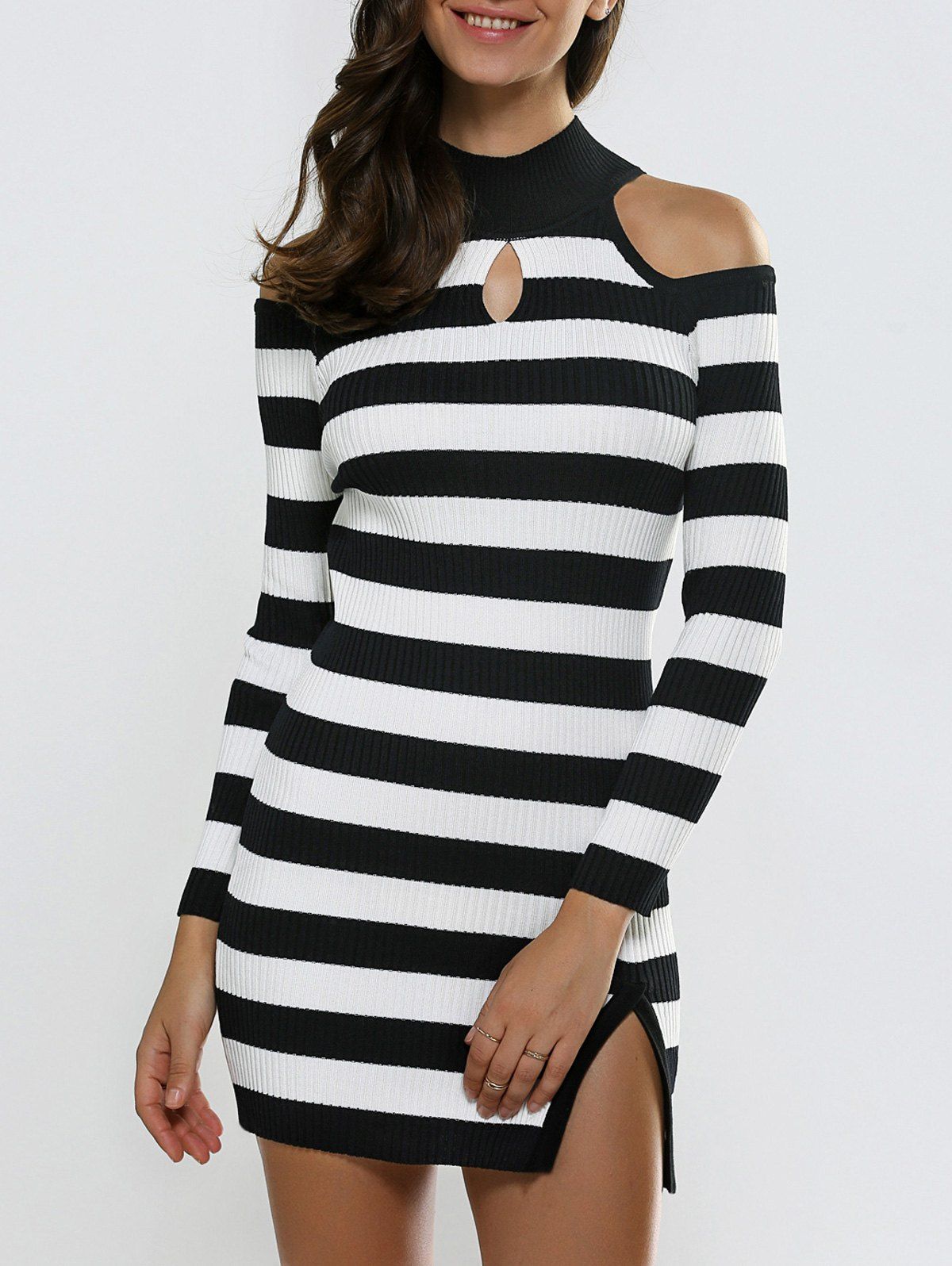[17% OFF] 2021 Keyhole Open Shoulder Slit Stripe Sweater Dress In BLACK ...