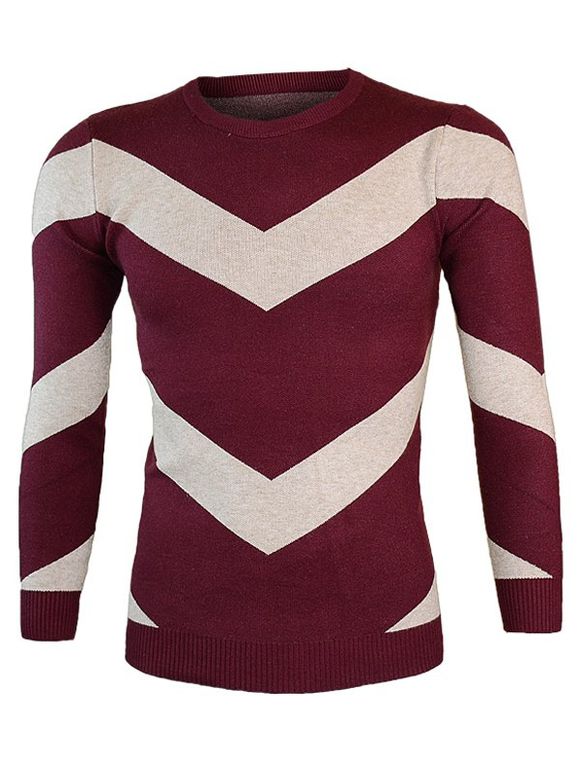 Neck Color Block rond manches longues Ondulation Sweater - Rouge vineux L
