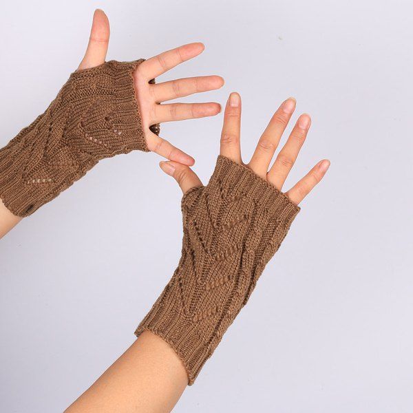 

Pair of Hollow Out Chevron Crochet Knitted Fingerless Gloves, Coffee