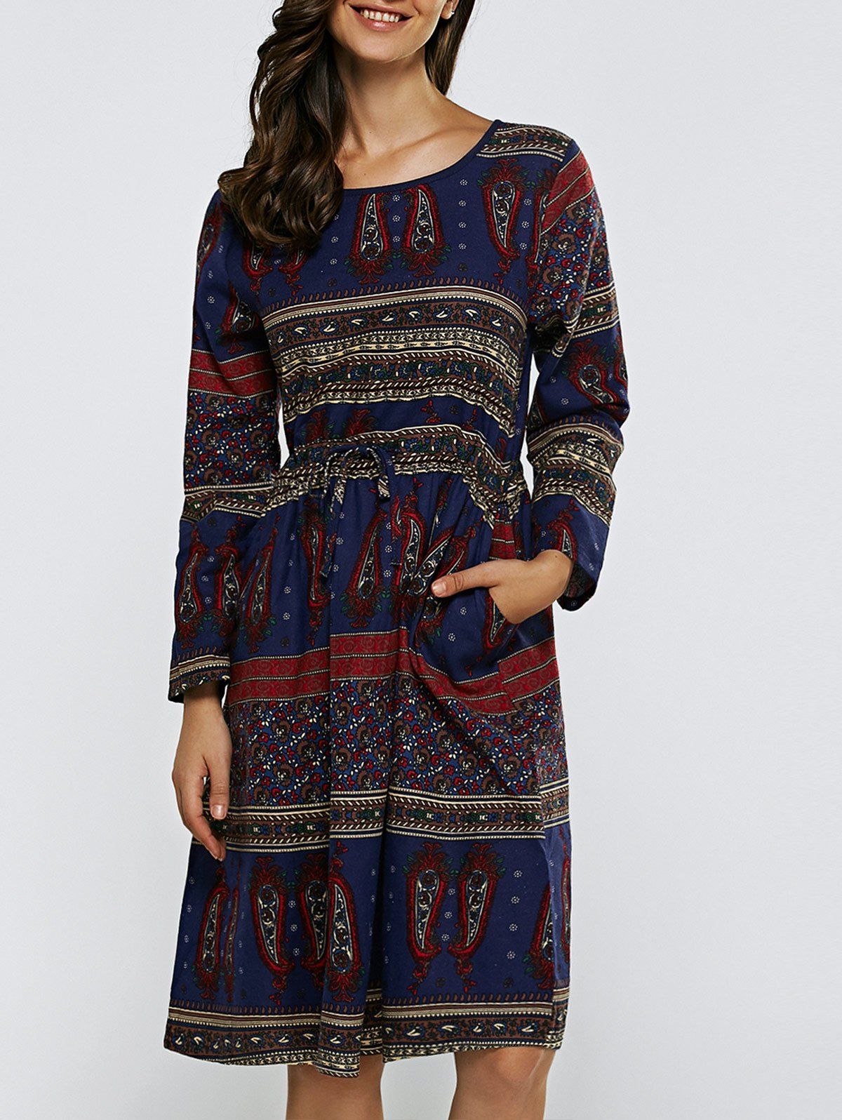 

Drawstring Pocket Design Printed Dress, Deep blue