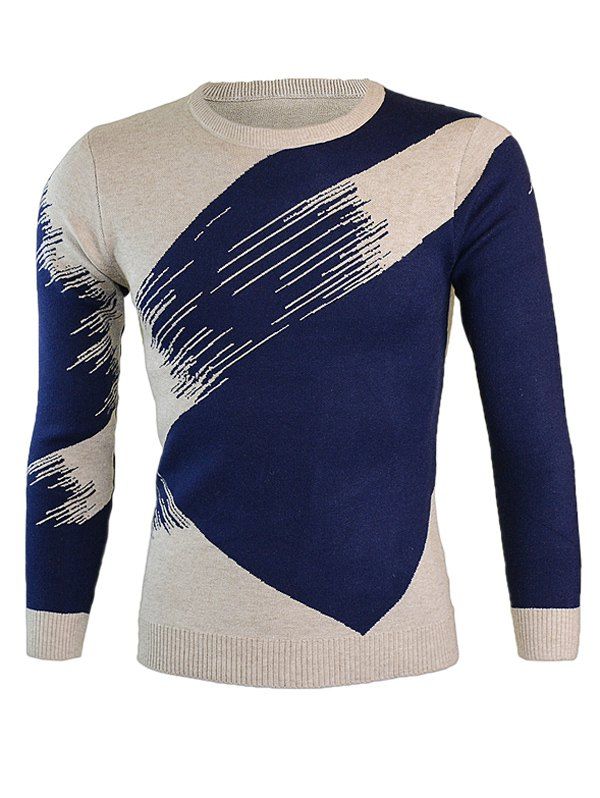 

Round Neck Color Block Splicing Long Sleeve Sweater, Cadetblue
