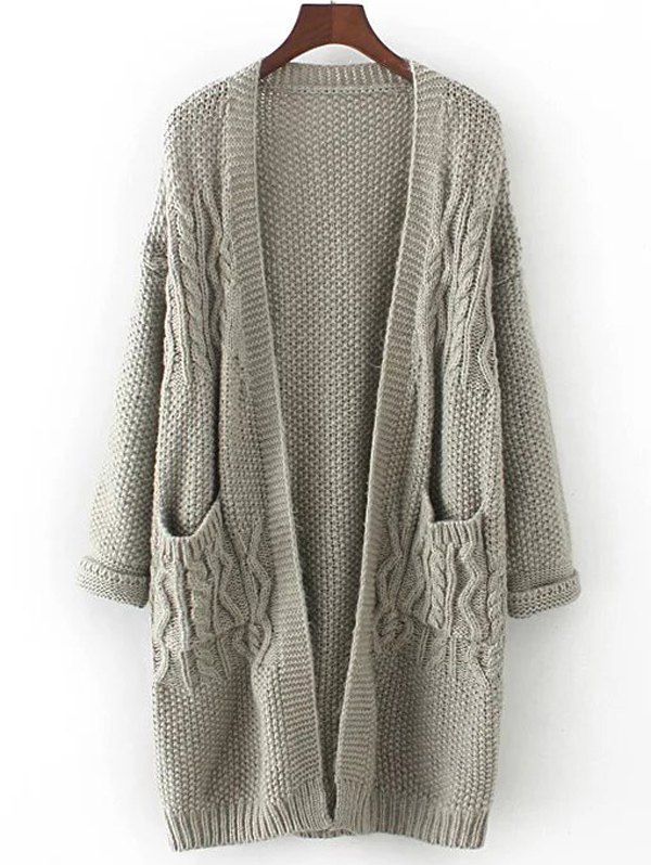 

Textured Double Pockets Long Open Front Cardigan, Gray