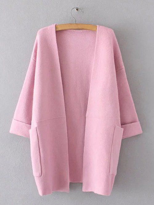 Hemming Sleeves Double Pockets Long Knit Cardigan - PINK ONE SIZE
