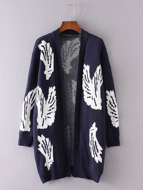 

Wing Pattern Collarless Knitted Cardigan, Purplish blue