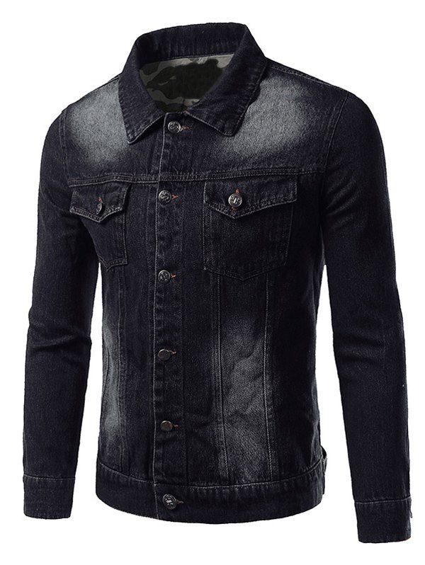 

Camouflage Hemming Plus Size Turn-Down Collar Single-Breasted Denim Jacket, Black