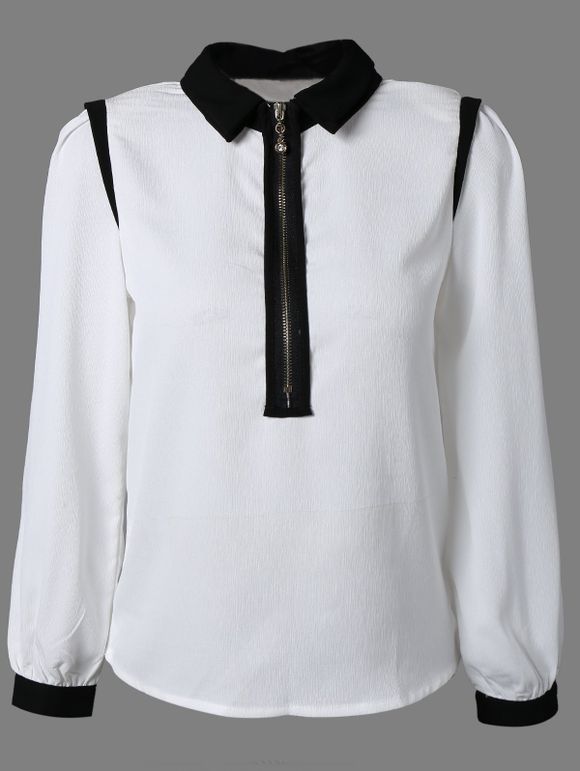 Front Zip Up manches longues en mousseline de soie shirt - Blanc S