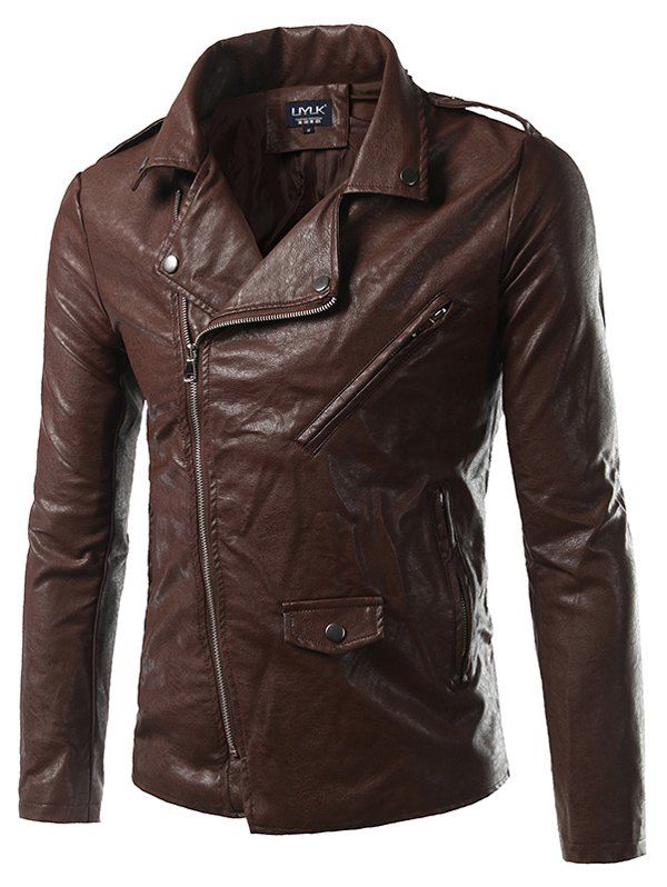 

Epaulet Design PU-Leather Plus Size Turn-Down Collar Zip-Up Jacket, Brown