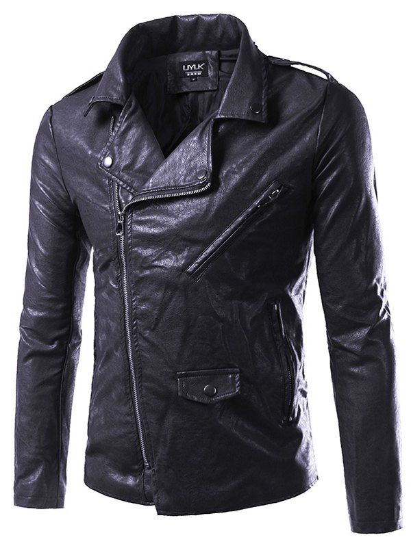 

Epaulet Design PU-Leather Plus Size Turn-Down Collar Zip-Up Jacket, Black