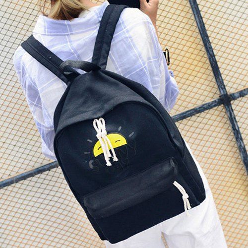 

Letter Printed Preppy Style Canvas Backpack, Black