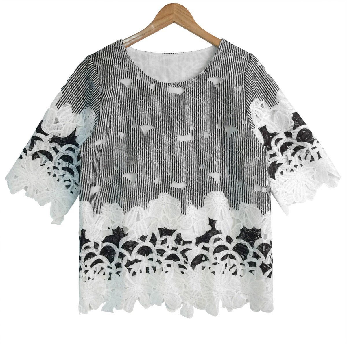 

Lace Spliced Hollow Out Striped Blouse, Black