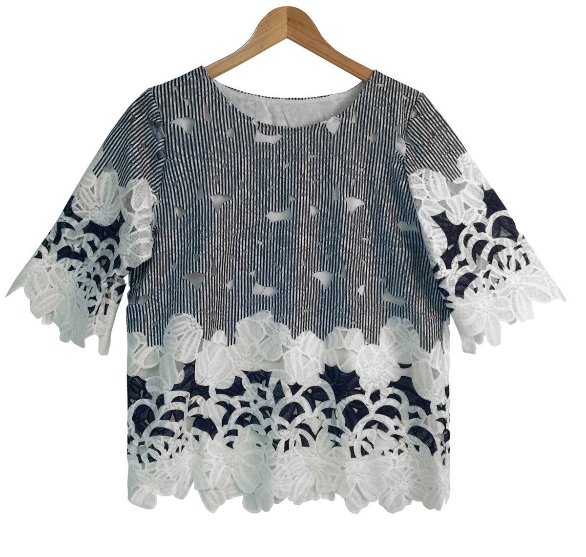 

Lace Spliced Hollow Out Striped Blouse, Purplish blue