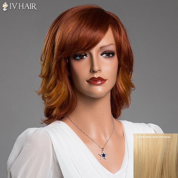 Siv Hair Perruque de Cheveux Naturelle Sublime Mi-Longue avec Frange sur le Côté - Brun d'Or avec Blonde 