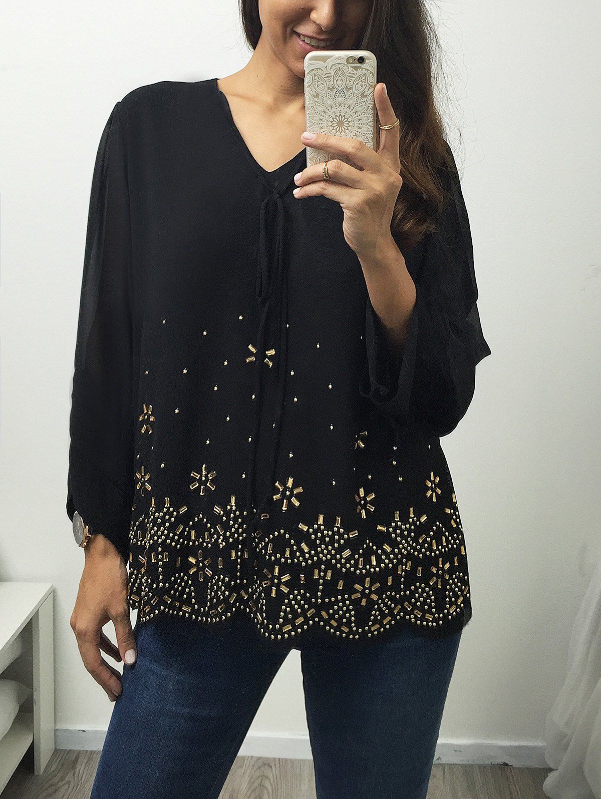 

V Neck Long Sleeve Rhinestone Blouse, Black