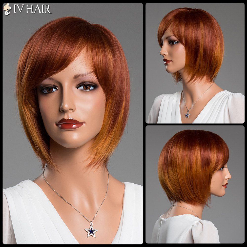 

Short Straight Inclined Bang Siv Real Natural Hair Bob Wig, Colormix