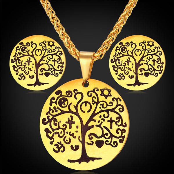 

Engraved Round Life Tree Jewelry Set, Golden