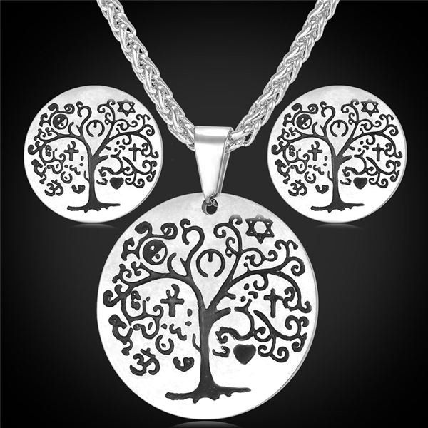 

Engraved Round Life Tree Jewelry Set, White