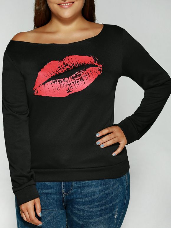 Plus Size manches longues lèvres rouges T-shirt - Noir 3XL