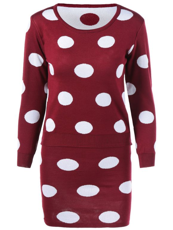 Polka Dot Sweater + Skirt Suit - Rouge vineux ONE SIZE