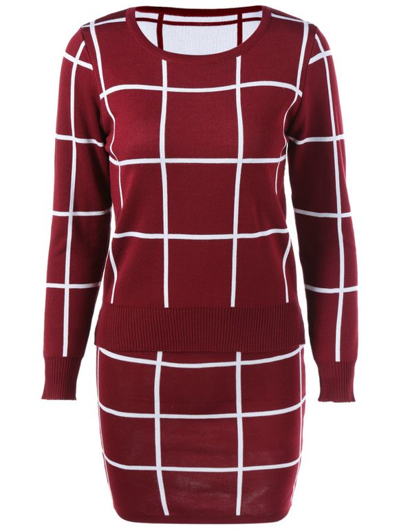 Plaid Sweater + Skirt Suit - Rouge vineux ONE SIZE