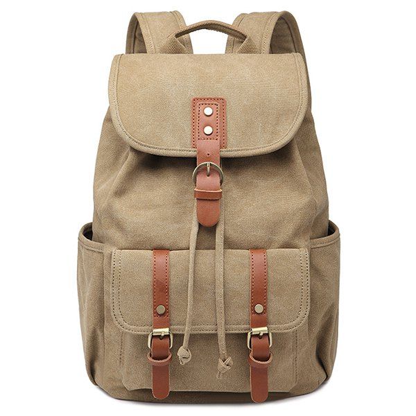 

Canvas Drawstring Buckles Backpack, Khaki