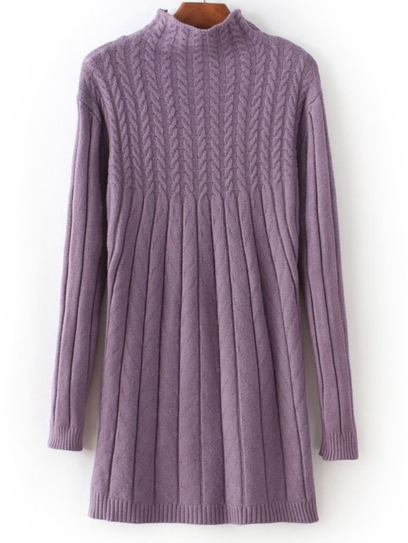 Col haut à manches longues en maille torsadée Mini-robe Sweater - Pourpre ONE SIZE
