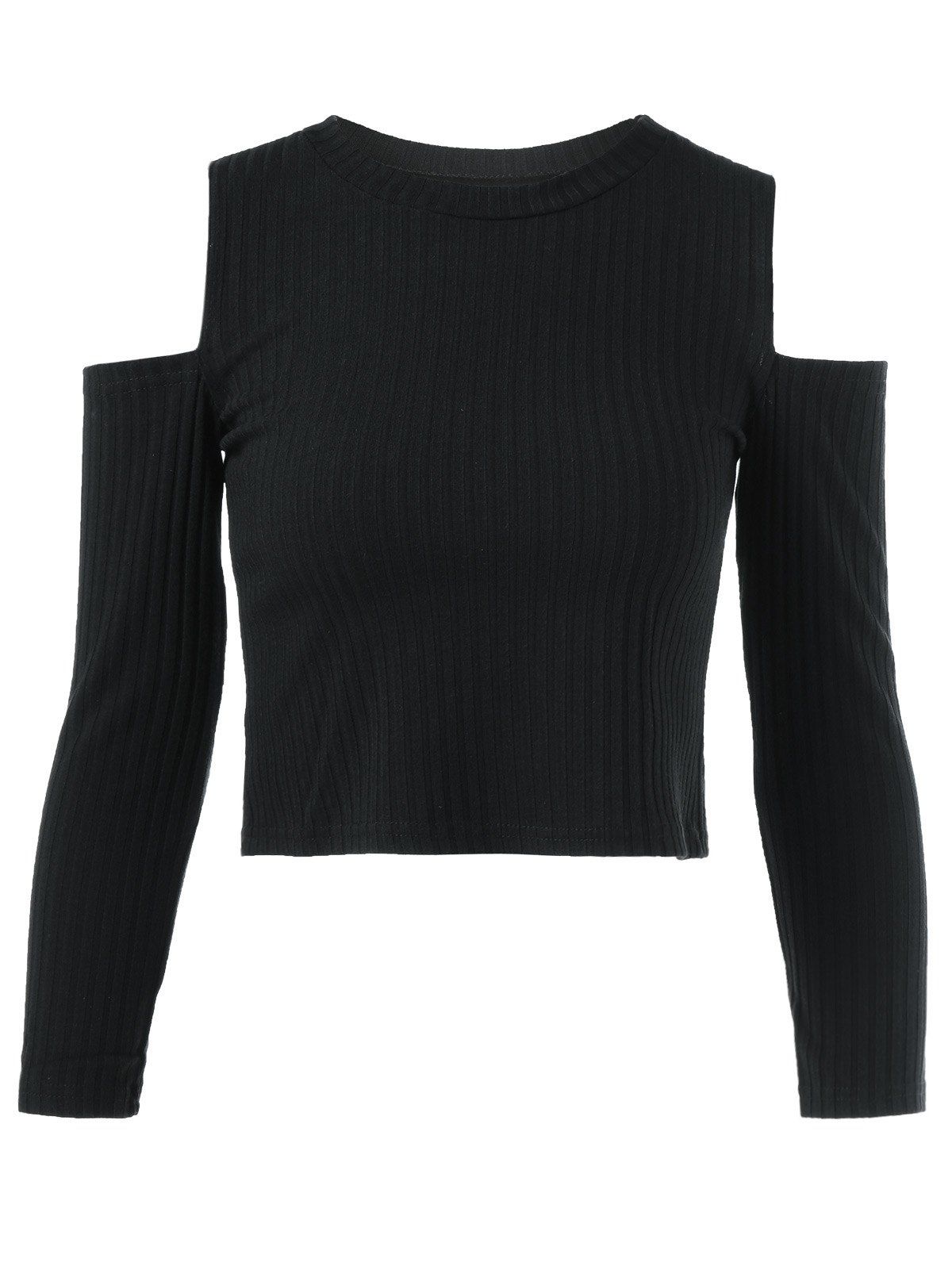 Cold Shoulder Plain Cropped Sweater - BLACK L