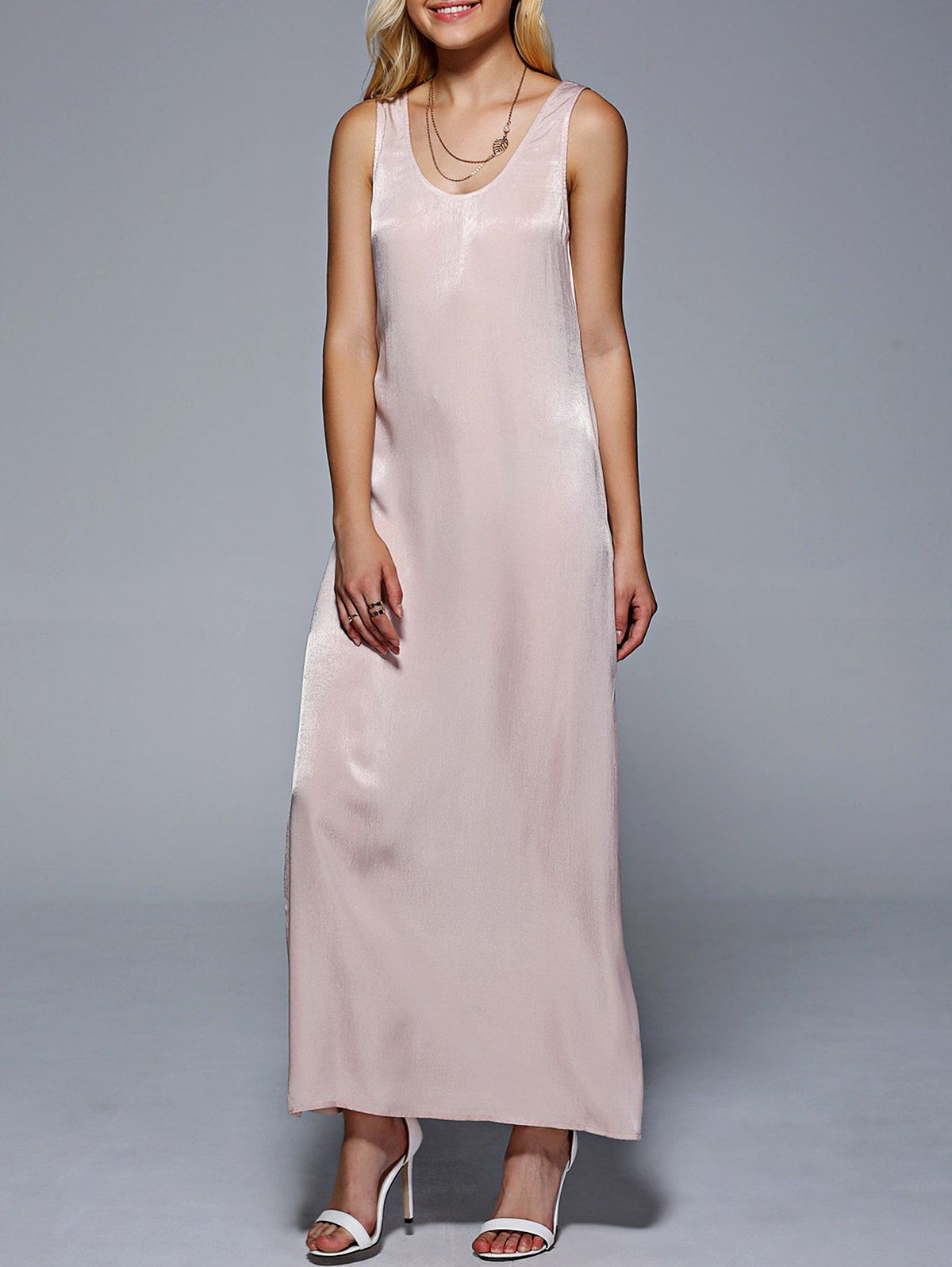 

Women's U Neck Sleeveless Solid Color Maxi Dress, Yellowish pink