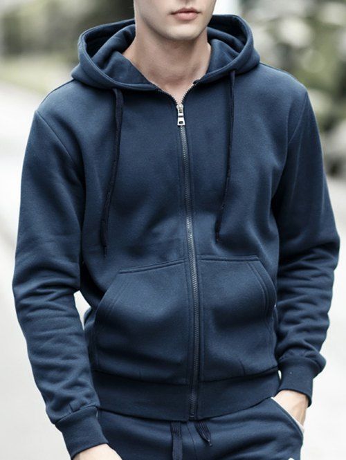 

Hooded Long Sleeve Drawstring Basic Zip-Up Hoodie, Deep blue