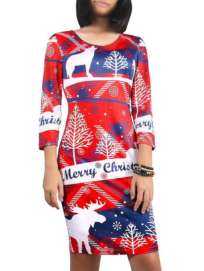 

Christmas 3/4 Sleeve Snowflake Print Dress, Red