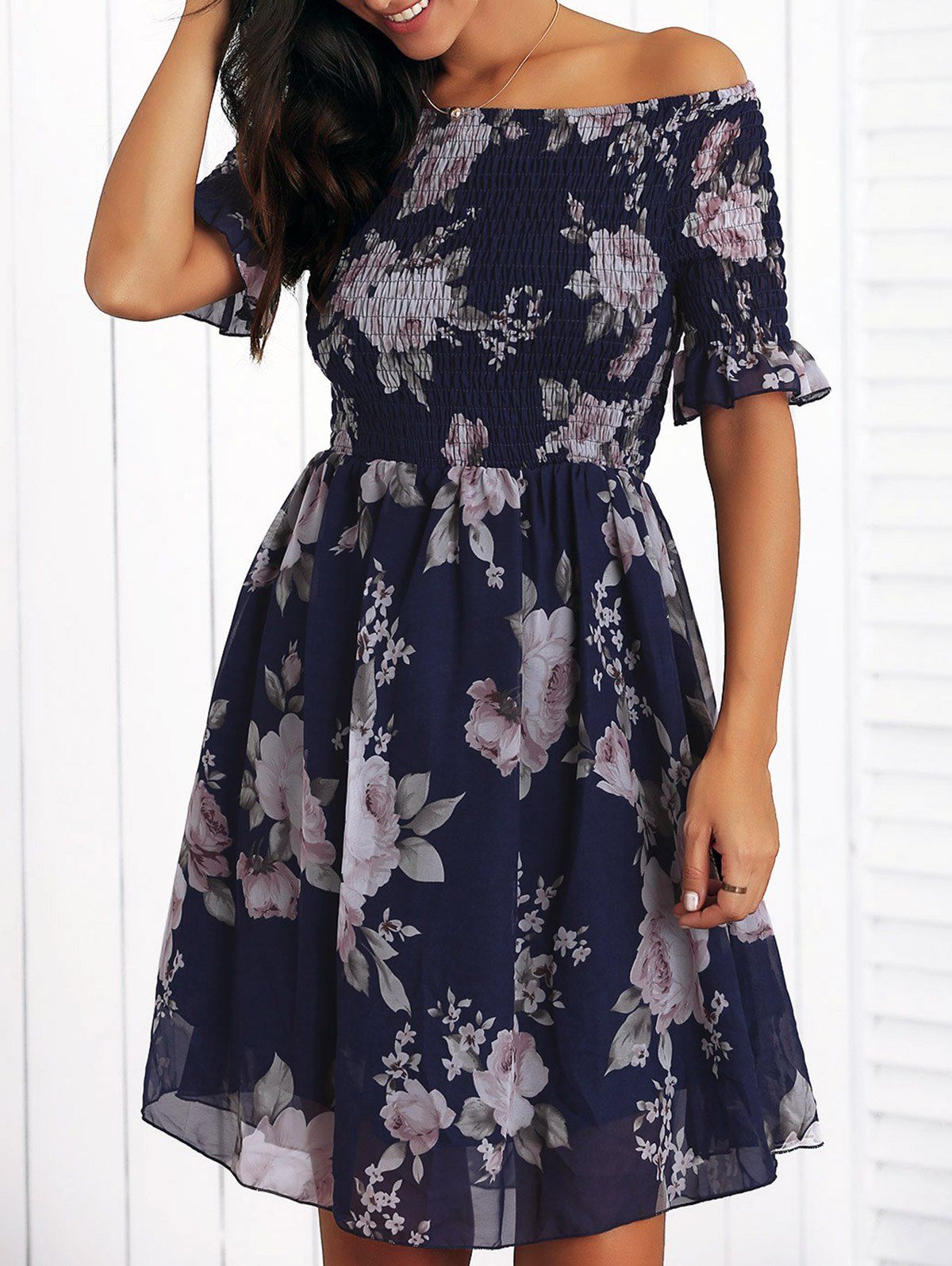 

Off The Shoulder Ruffled Flowers Print Chiffon Dress, Purplish blue