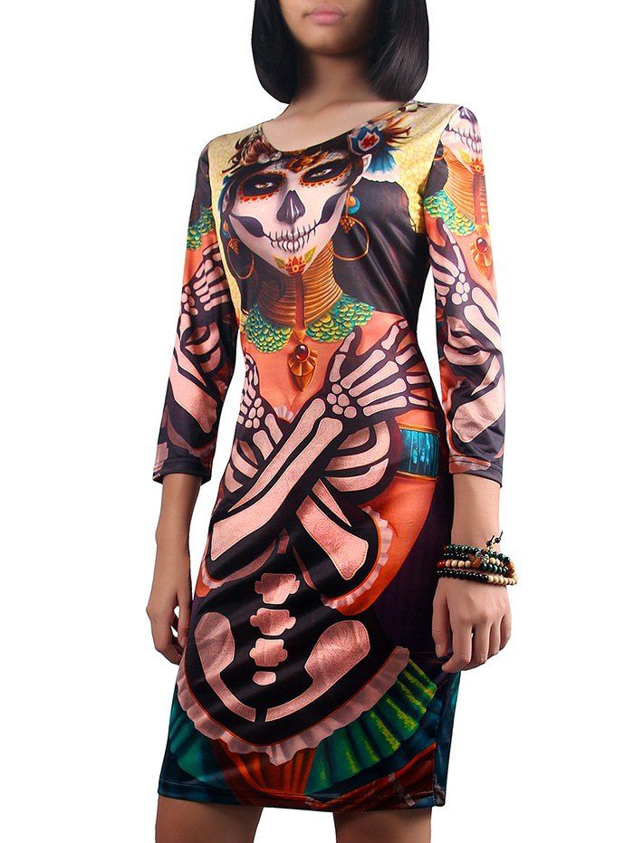 

Halloween 3/4 Sleeve Ghost Print Dress, Colormix
