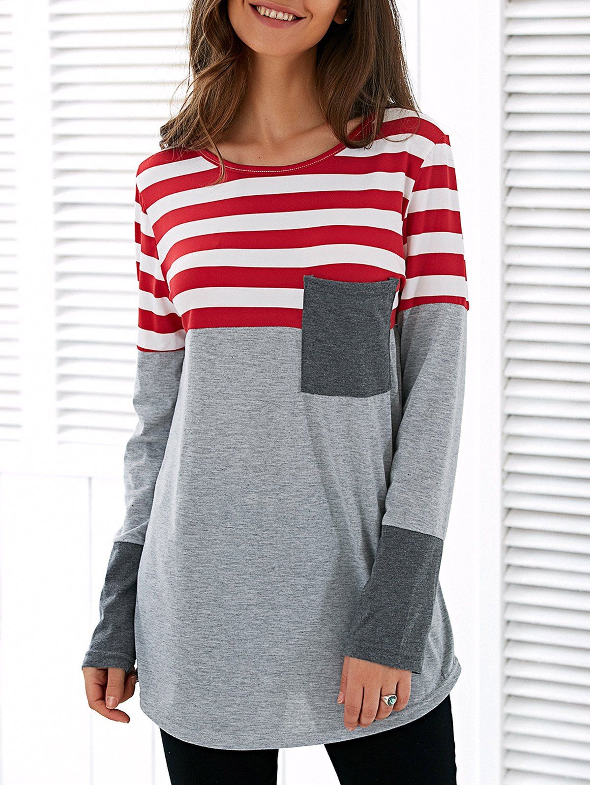 Patchwork Striped Long Sleeve Asymmetric T-Shirt - LIGHT GRAY XL