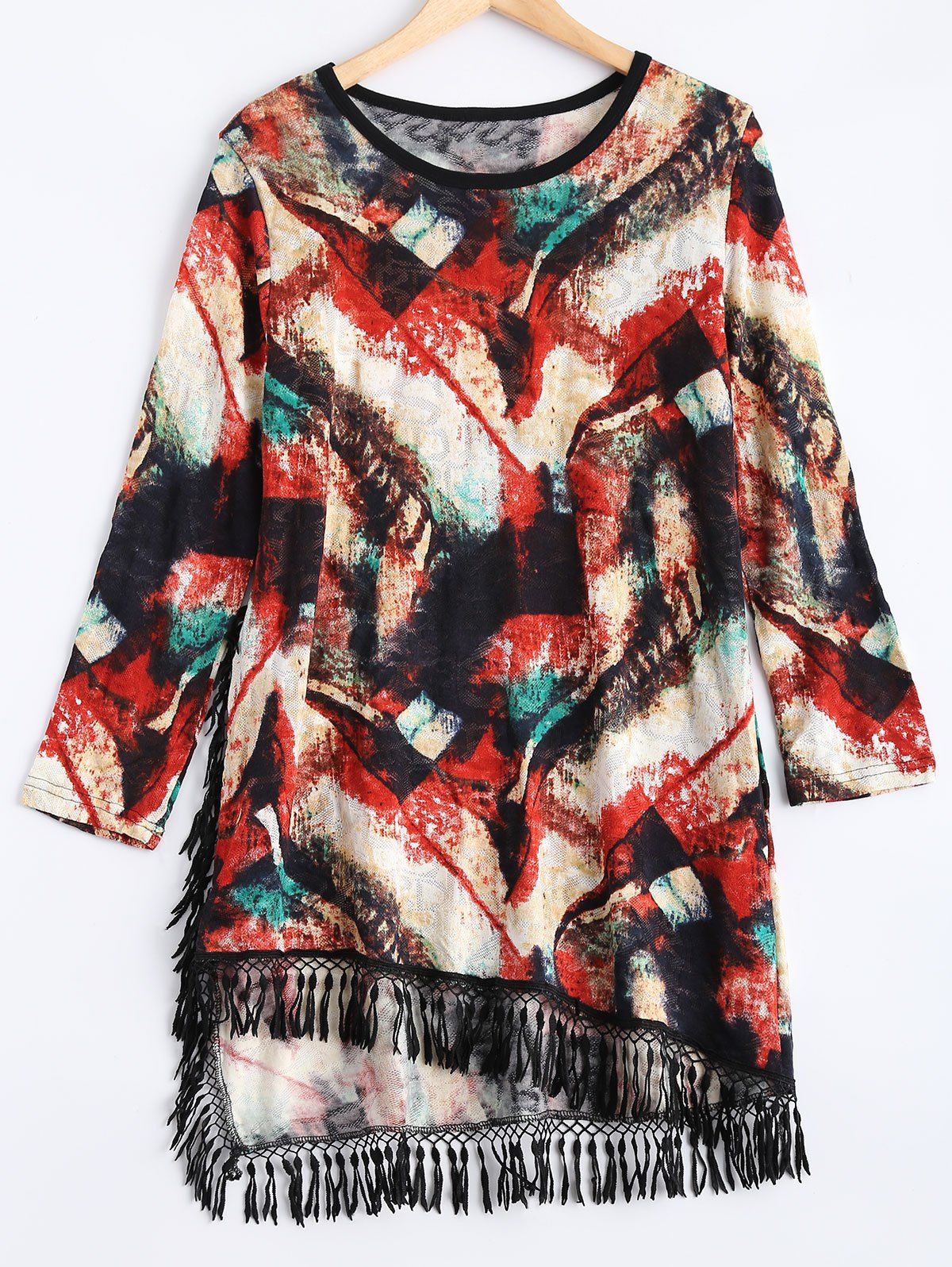 

Long Sleeve Fringed Shift Dress, Colormix