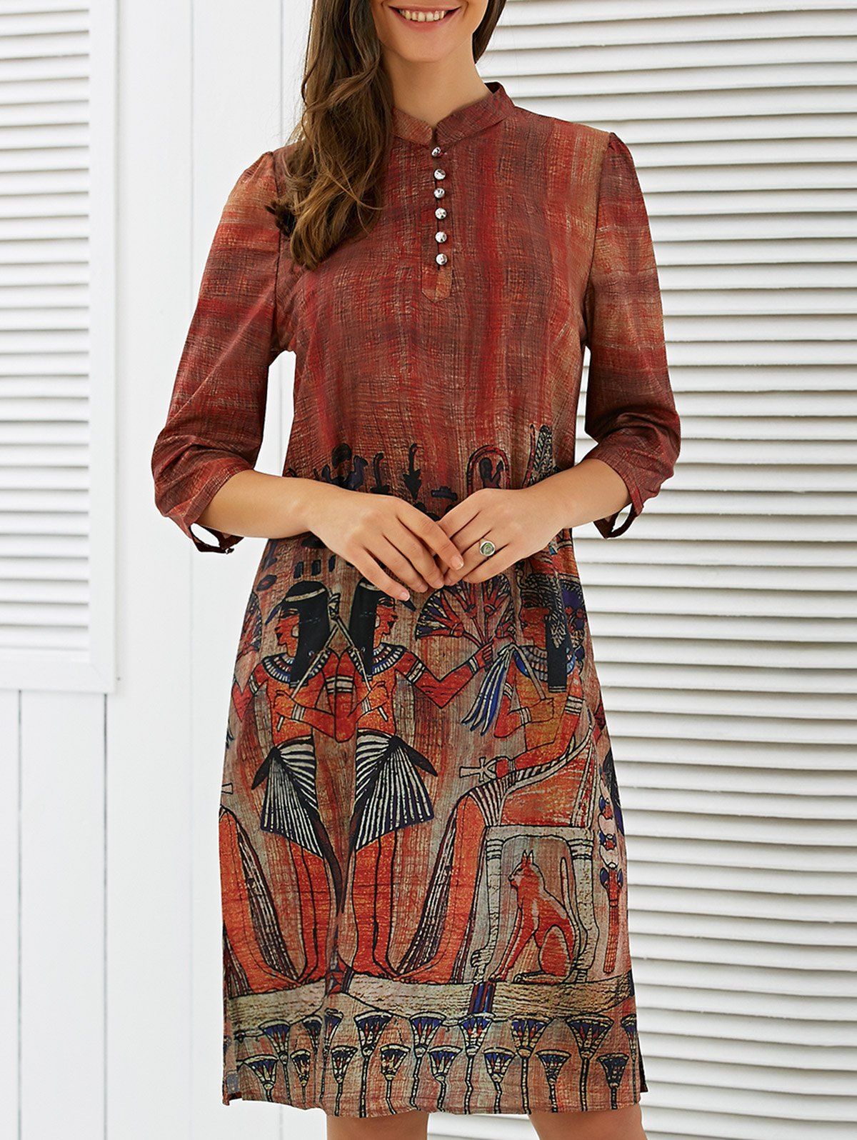 

3/4 Sleeve Tribe Print Dress, Orange