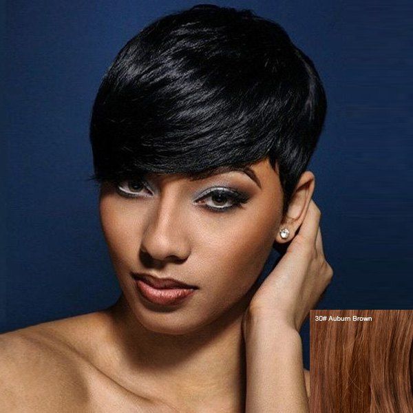 

Short Side Bang Straight Real Natural Hair Wig, Auburn brown