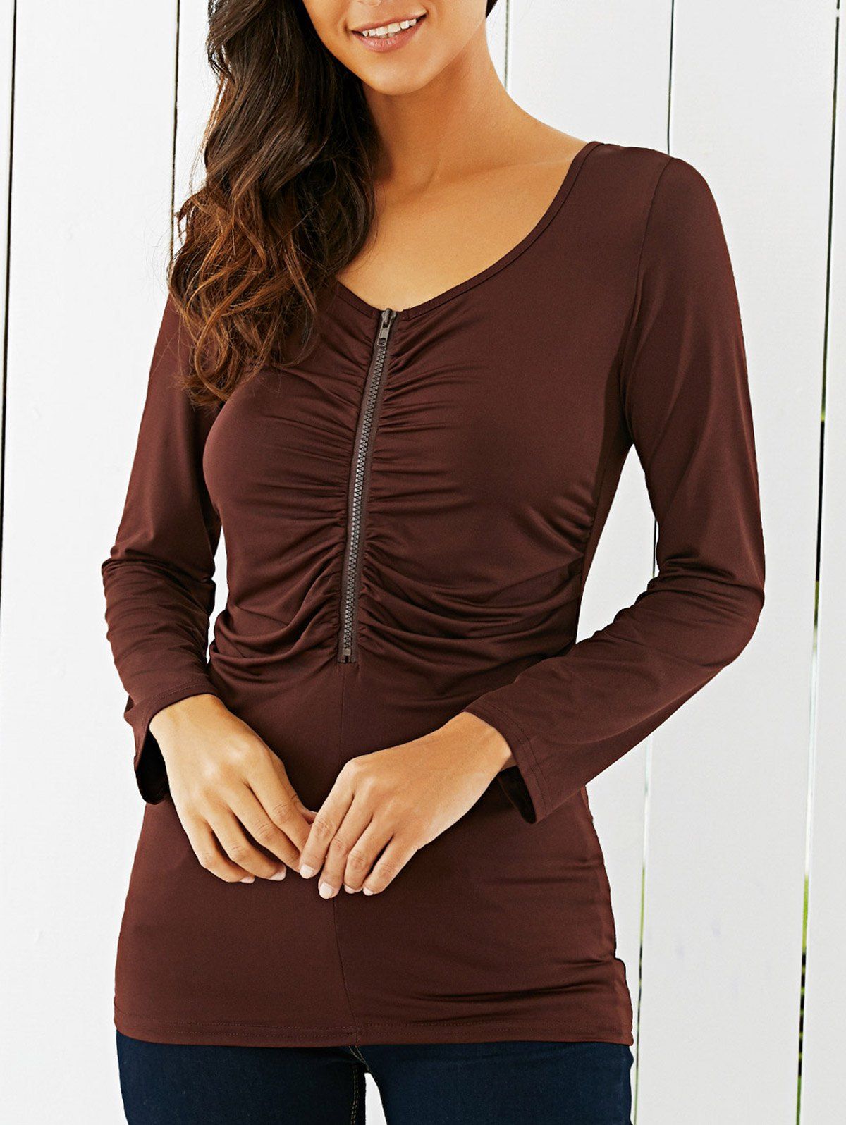 

Ruched Half Zip T-Shirt, Coffee