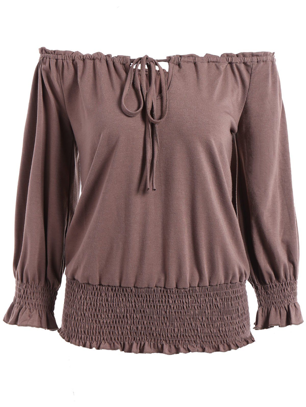 

Off-The-Shoulder Lace Up Flare Sleeve Blouse, Coffee