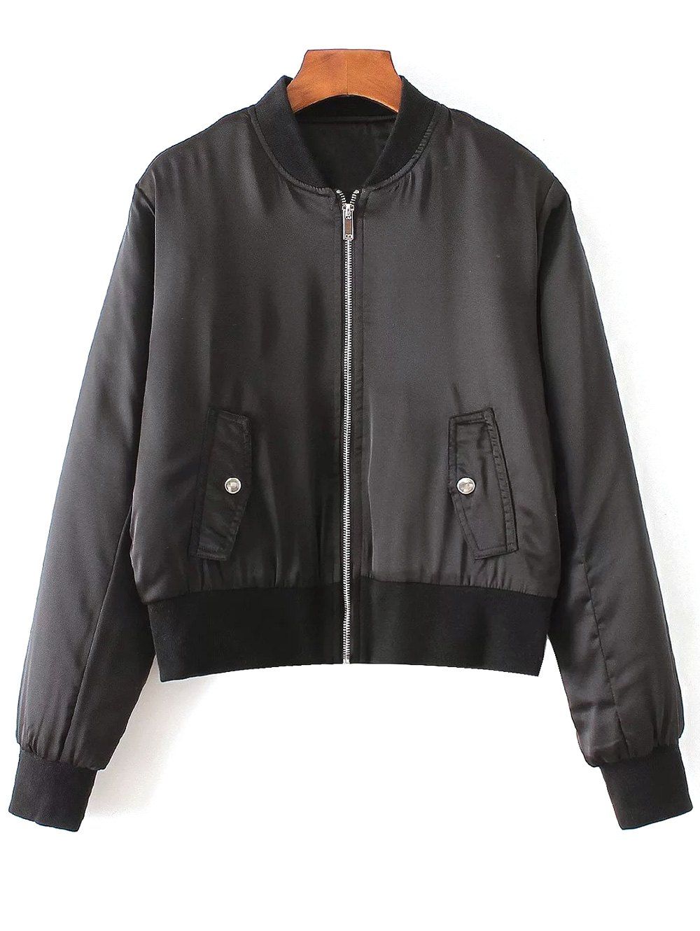 

Long Sleeve Zip-Up Satin Bomber Jacket, Black