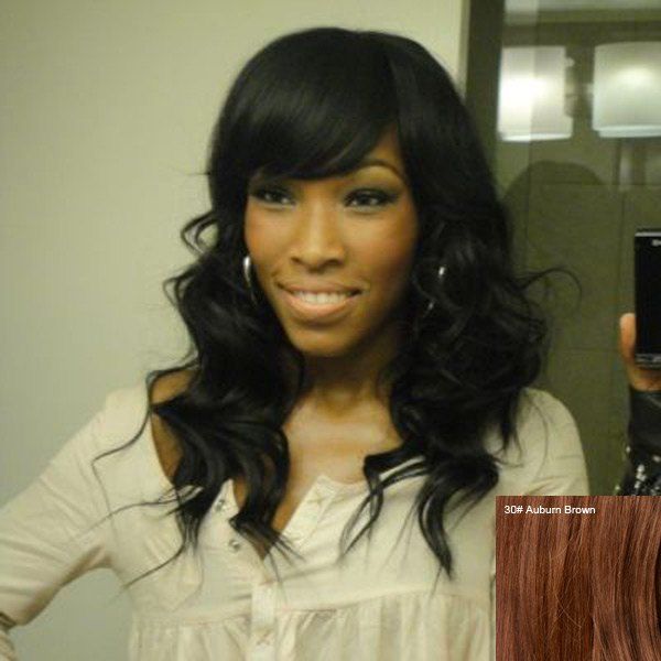 

Fluffy Long Wavy Inclined Bang Human Hair Wig, Auburn brown #30